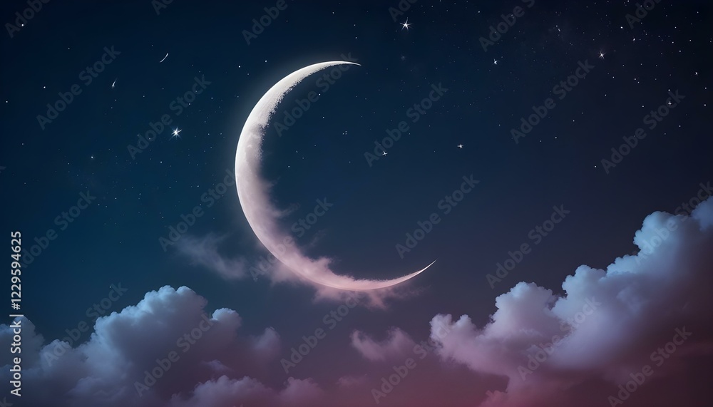 Fototapeta premium Una luna creciente en un cielo nocturno lleno de estrellas, rodeada de tenues nubes