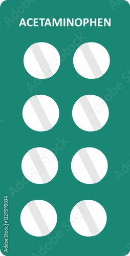 Acetaminophen drug tablet. Paracetamol (Acetaminophen) white tablet blister pills. Paracetamol pills icon. Cognitive enhancers tablets, treat fever medicine. Paracetamol pills on blister green.