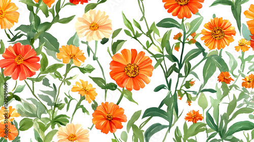 Bright Summer Floral Composition with Zinnias and Marigolds in Watercolor