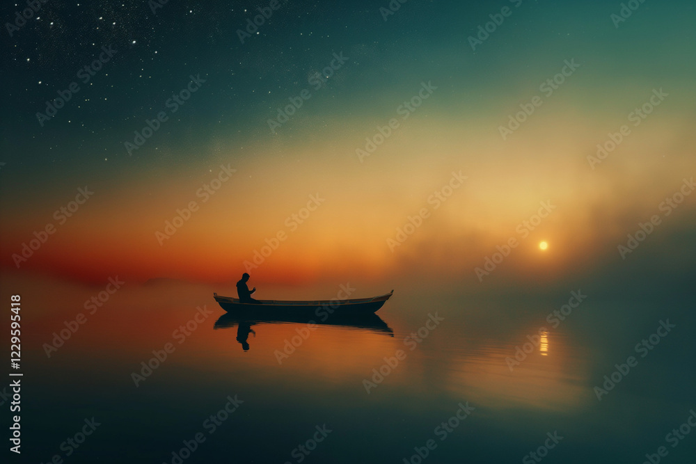 Fisherman silhouette in a boat on the lake with a sunset background. Tranquil nature concept. Generative AI Fisherman silhouette in a boat on the lake with a sunset background. Tranquil nature concept. Generative AI
