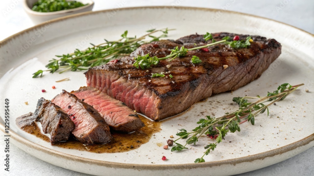 Perfectly cooked skirt steak on a plate with a sprinkle of fresh herbs, culinary art, ribeye, presentation, steak Perfectly cooked skirt steak on a plate with a sprinkle of fresh herbs, culinary art, ribeye, presentation, steak