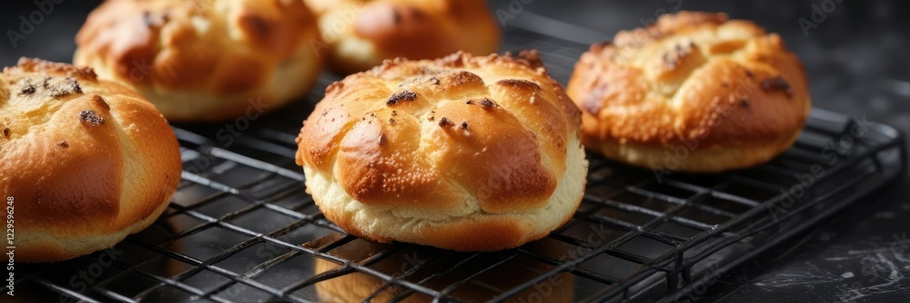 Crunchy baked buns on a metal grid against black marble background, kitchen, crunchy food Crunchy baked buns on a metal grid against black marble background, kitchen, crunchy food
