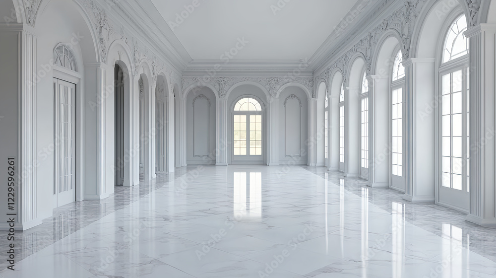Empty white room with white walls and floor, a mockup of classic interior design with decorative arches on the left side. Empty white room with white walls and floor, a mockup of classic interior design with decorative arches on the left side.