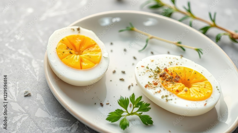 Cut Egg on Plate with Seasonings and Herbs, morning meal, presentation Cut Egg on Plate with Seasonings and Herbs, morning meal, presentation