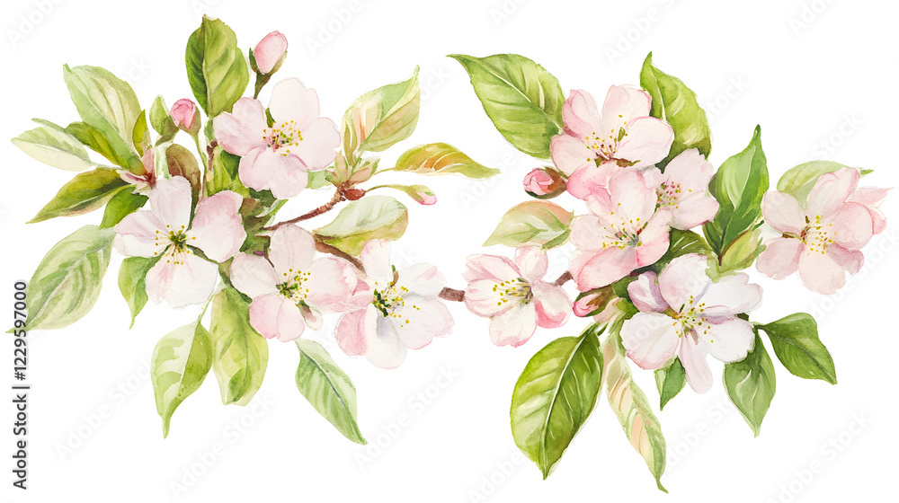 Fototapeta premium Vibrant Watercolor Spring Wreath of Cherry Blossoms and Green Leaves