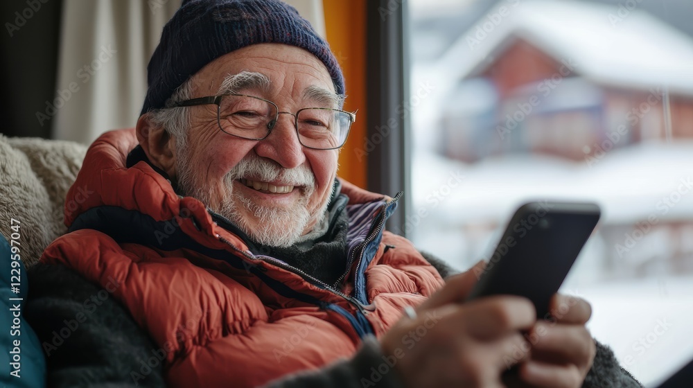 Senior man enjoying smartphone in cozy cabin winter wonderland lifestyle photography warm environment close-up view connection Senior man enjoying smartphone in cozy cabin winter wonderland lifestyle photography warm environment close-up view connection