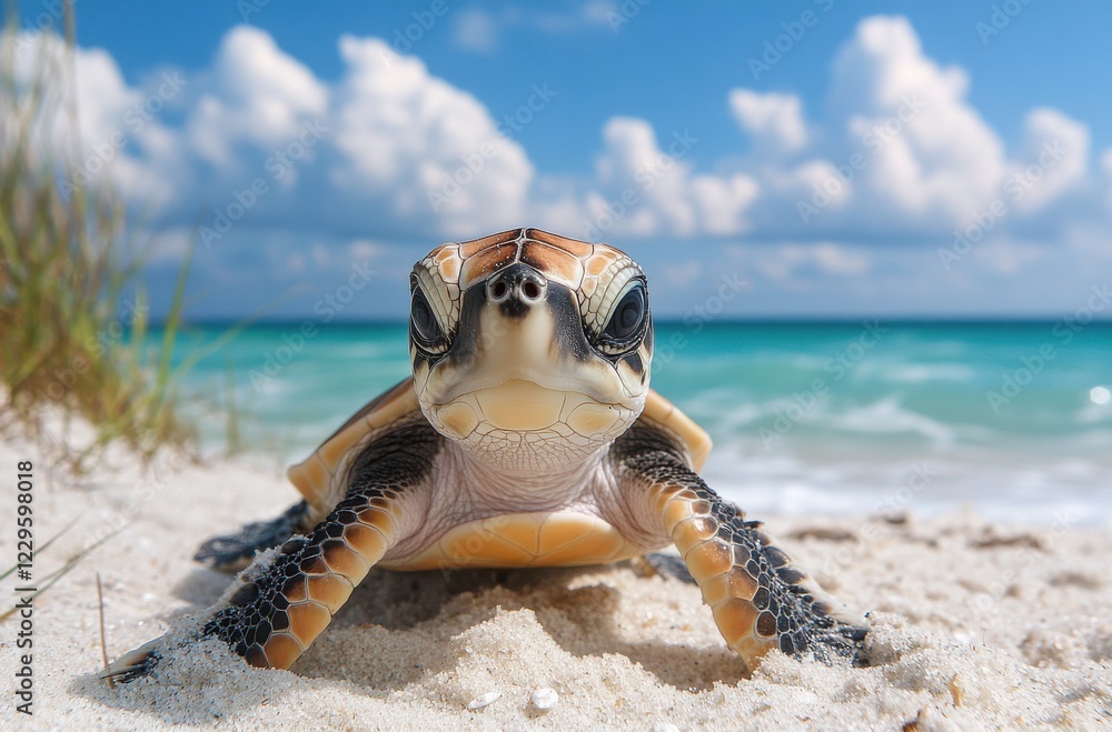 Obraz premium Baby turtle crawling on sandy beach with turquoise ocean waves and fluffy clouds in the background, sunny day scene of marine wildlife and nature beauty