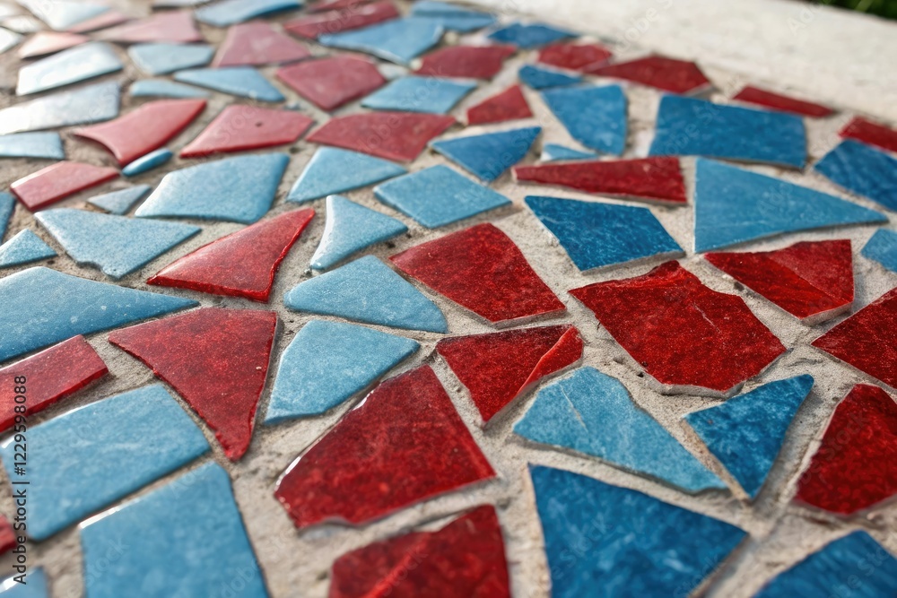 Red and blue glass shards in a mosaic, colorful fragments, mosaic art