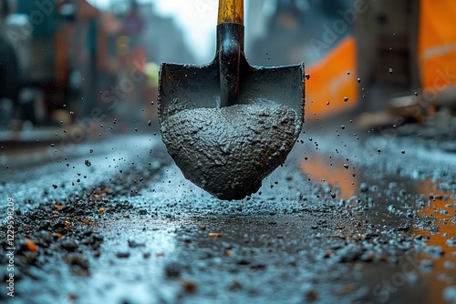 Shovelful of wet concrete, splashing impact