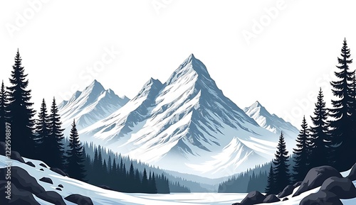 Snowy mountain landscape with pine trees and fog