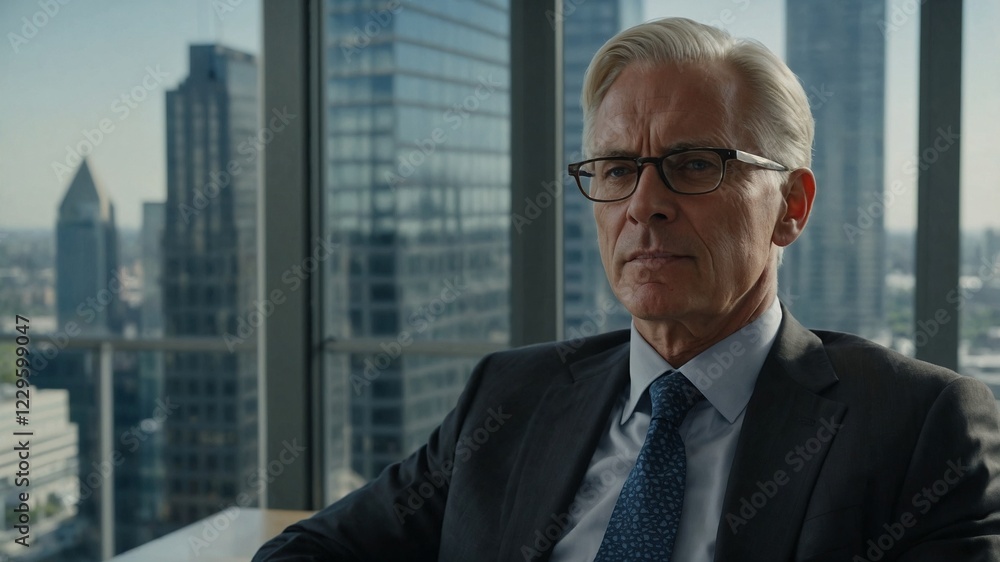 Businessman in suit and glasses sits in a conference room. Businessman in suit and glasses sits in a conference room.