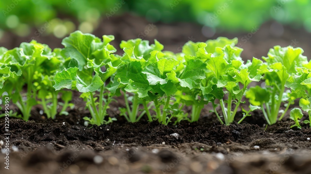 Fresh green lettuce seedlings growing in rich soil under soft sunlight in a vibrant garden Fresh green lettuce seedlings growing in rich soil under soft sunlight in a vibrant garden