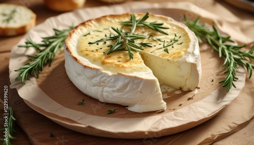 Rosemary garlic infused camembert cheese baked to perfection on baking paper , baked, cheese, rosemary photo