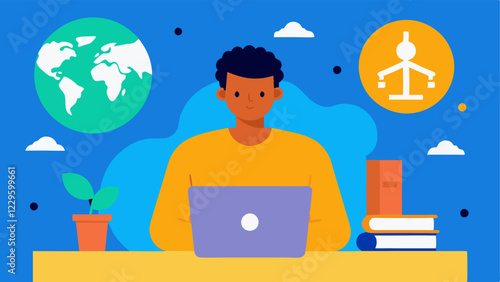 Travel Adventures A millennial sitting at a desk with a laptop open researching travel destinations surrounded by travel guides and a world map on the wall.