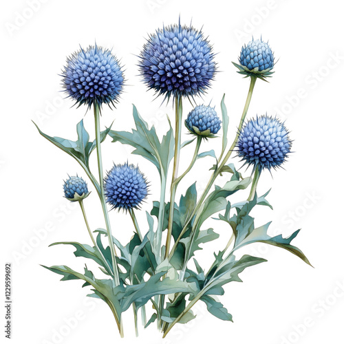 Watercolor Botanical Illustration of Echinops - Medical Plant isolated on transparent background 

