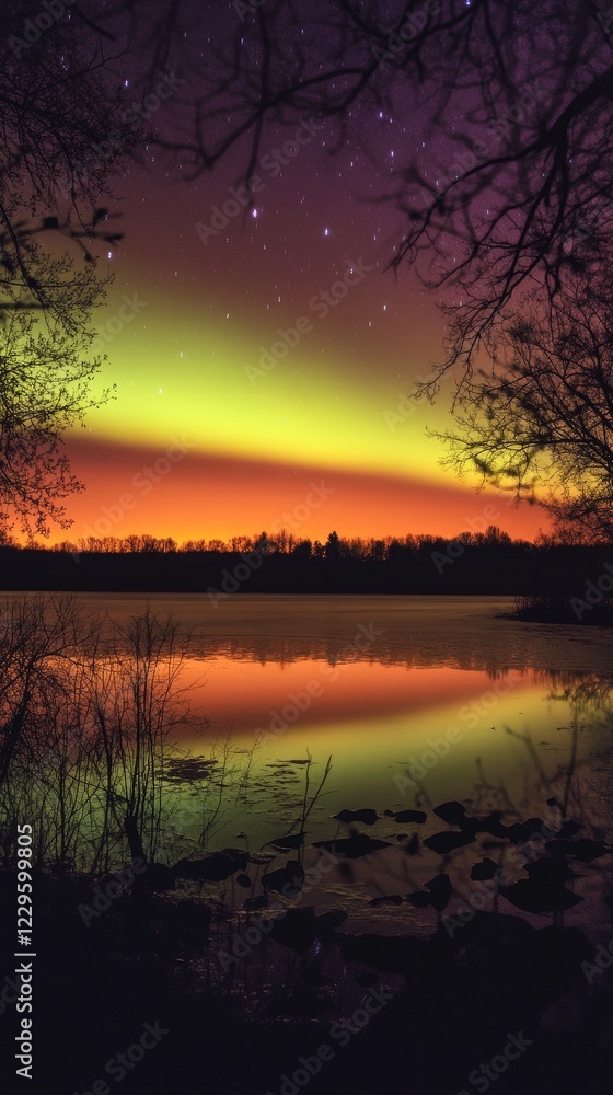 Naklejka premium Aurora Borealis Over Frozen Lake