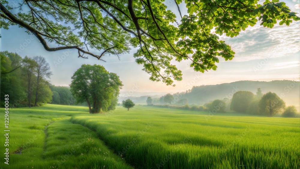 Serene green landscape with trees and misty fields under morning light for nature photography Serene green landscape with trees and misty fields under morning light for nature photography