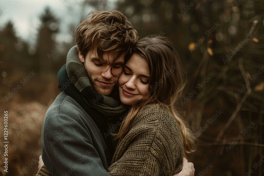 Romantic couple hugging in a forest, enjoying a peaceful moment together Romantic couple hugging in a forest, enjoying a peaceful moment together