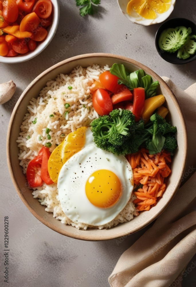 Savory rice and vegetable bowl with a fried egg on top, fried egg, nutritious, savory Savory rice and vegetable bowl with a fried egg on top, fried egg, nutritious, savory