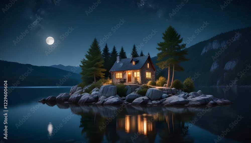 Obraz premium Una pequeña cabaña en una isla rocosa en un lago por la noche, con un cielo estrellado y una luna llena en lo alto. La cabaña tiene un brillo cálido y acogedor proveniente de las luces del interior