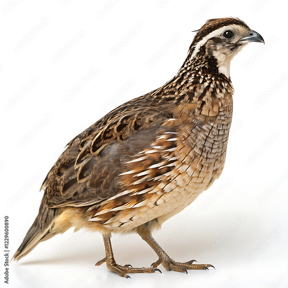 Fototapeta premium Quail with brown feathers on a white background. Detailed image of a wild bird with distinctive plumage, studio photo