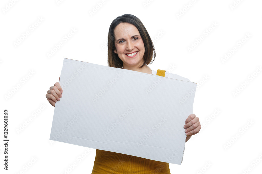 Smiling woman with short hair and dressed in yellow holding a blank sign ready for personal or promotional messages. Smiling woman with short hair and dressed in yellow holding a blank sign ready for personal or promotional messages.