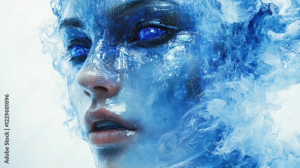 Fototapeta premium Crystalline face emerging from blue smoke