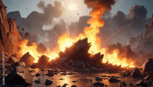 Shattered landscape with smoky shrapnel and a fiery explosion, smoke, fireball, debris field