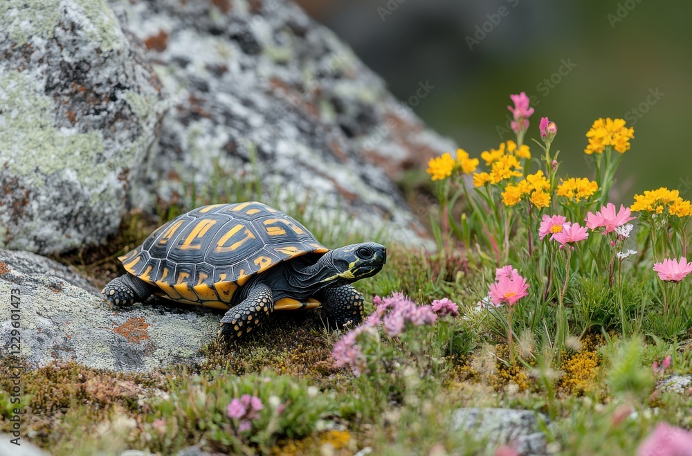 Obraz premium Charming Turtle Wandering Through Vibrant Wildflowers in a Serene Natural Landscape with Soft Focus on Colorful Flora