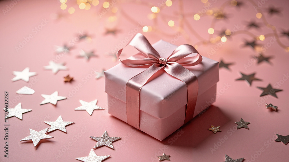 Elegantly Wrapped Gift with Shimmering Stars on Soft Pink Tabletop for Festive Celebrations, Birthdays, Weddings, and Event Marketing Elegantly Wrapped Gift with Shimmering Stars on Soft Pink Tabletop for Festive Celebrations, Birthdays, Weddings, and Event Marketing