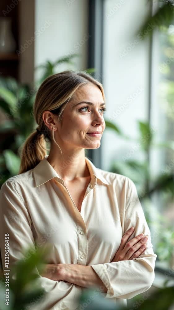 A moment of tranquility, as a businesswoman reflects softly the natural light at a office window A moment of tranquility, as a businesswoman reflects softly the natural light at a office window
