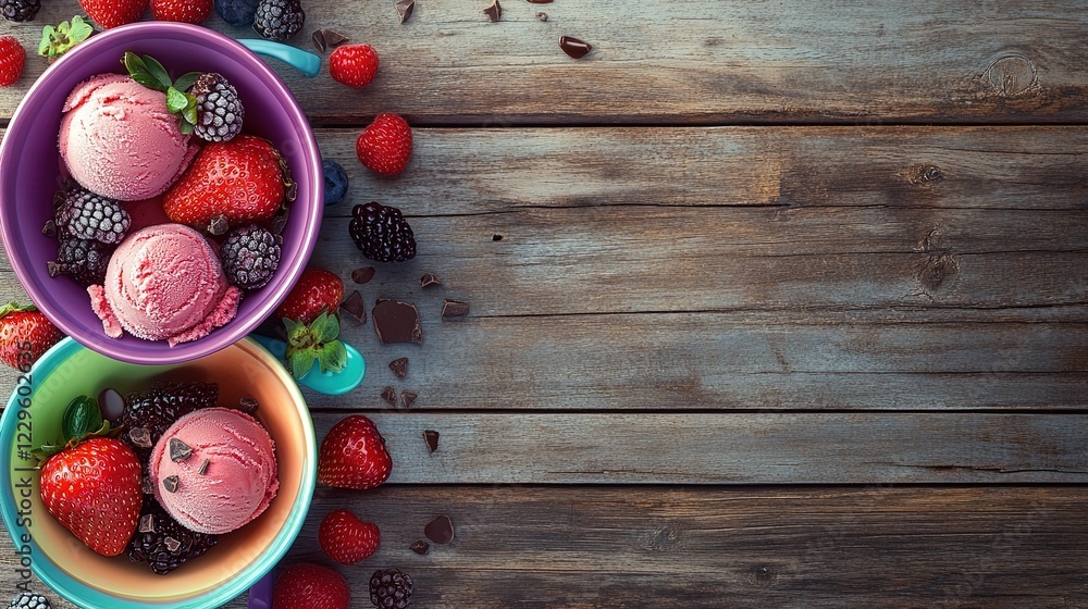 Two bowls of ice cream with mixed berries on wood. Two bowls of ice cream with mixed berries on wood.