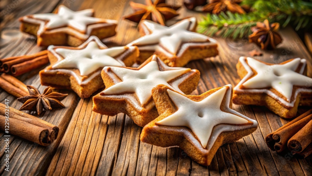 Cozy winter baking: Cinnamon Star cookies, festive holiday treats, beautifully photographed on a wooden table. Cozy winter baking: Cinnamon Star cookies, festive holiday treats, beautifully photographed on a wooden table.