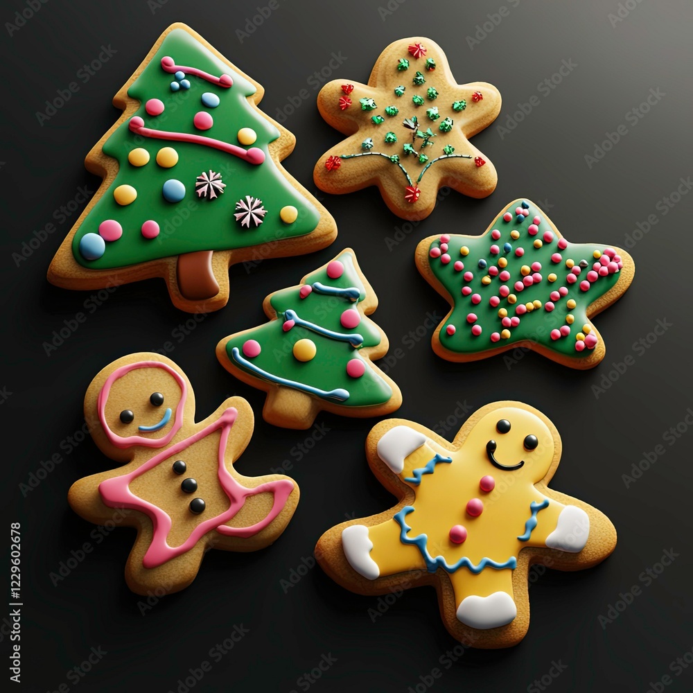 Festive decorated cookies shaped like Christmas trees and gingerbread figures for celebration Festive decorated cookies shaped like Christmas trees and gingerbread figures for celebration