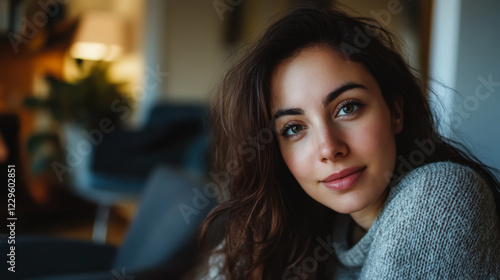 Wallpaper Mural Woman with curly hair relaxes in cozy room while looking thoughtfully at the camera in warm evening light Torontodigital.ca
