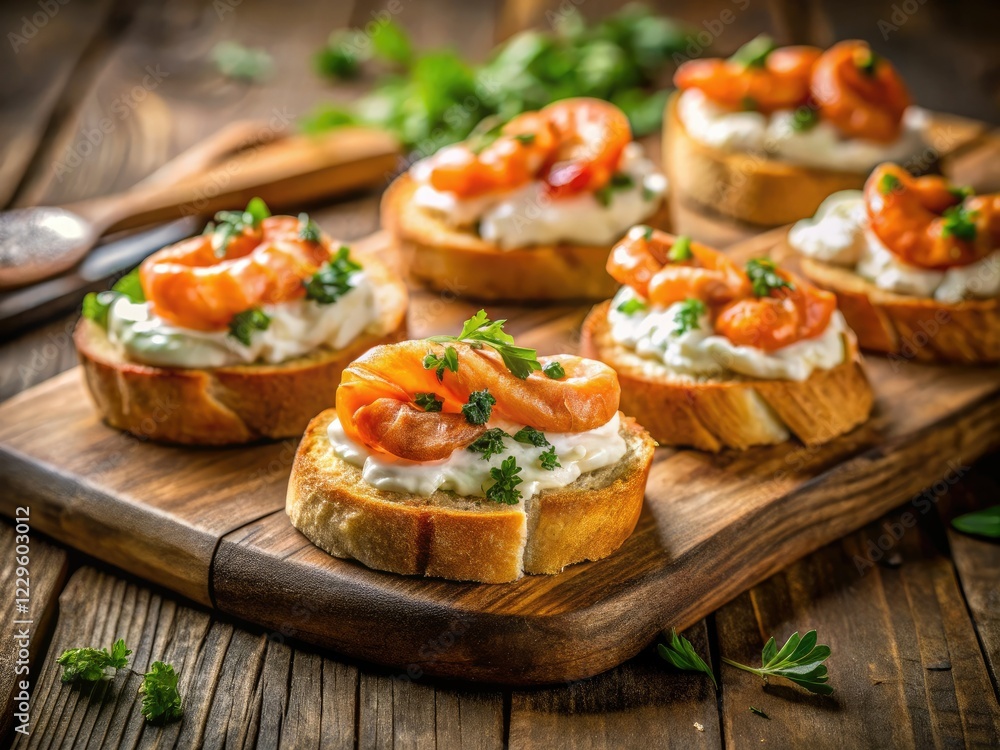Creamy shrimp crostini: a delectable appetizer, perfectly captured through long exposure food photography. Creamy shrimp crostini: a delectable appetizer, perfectly captured through long exposure food photography.