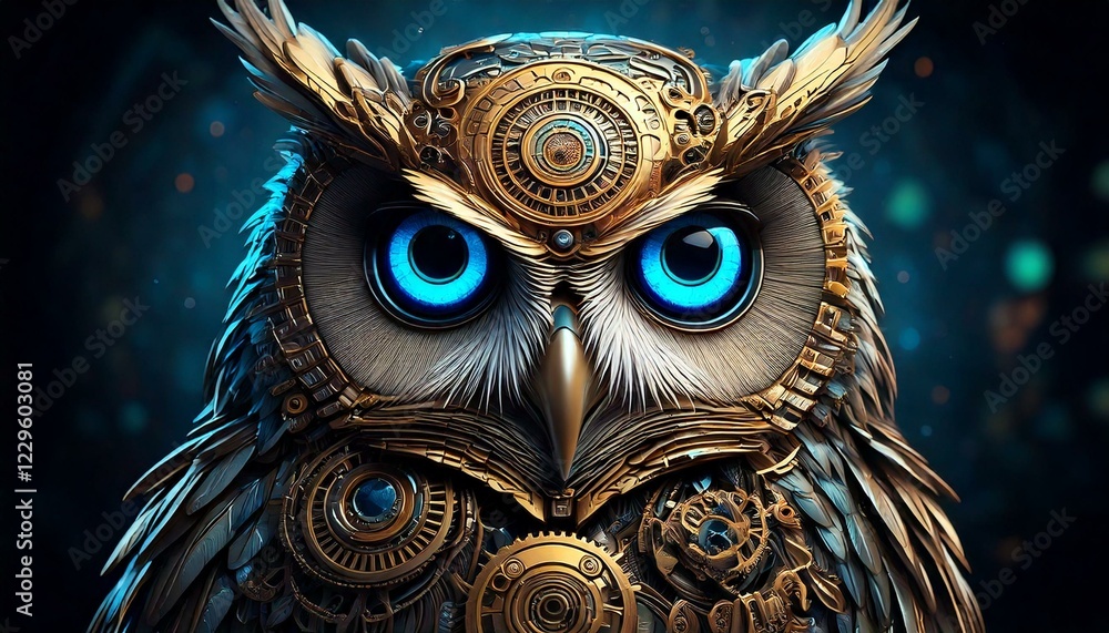 Fototapeta premium steampunk mechanical owl with gears and glowing blue 