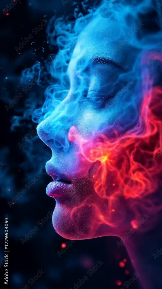 Ethereal blue and red energy swirling around a serene face in a dreamlike haze Ethereal blue and red energy swirling around a serene face in a dreamlike haze