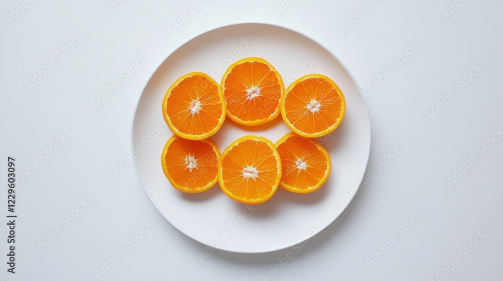 A minimalist plate of fresh oranges, neatly arranged in a simple pattern on a plain white ceramic plate, Orange segments centered A minimalist plate of fresh oranges, neatly arranged in a simple pattern on a plain white ceramic plate, Orange segments centered