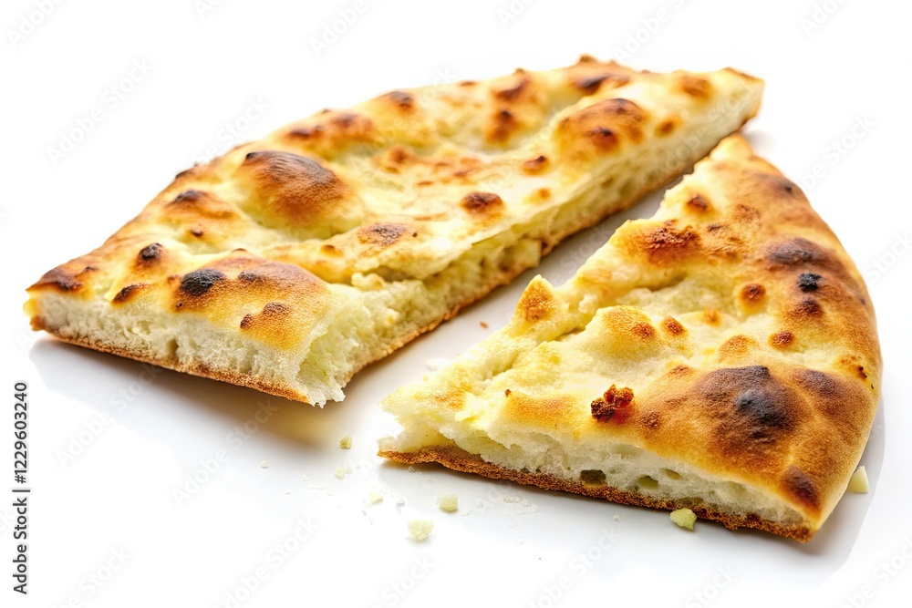Crisp, broken flatbread against a stark white backdrop; minimalist food photography in high resolution.