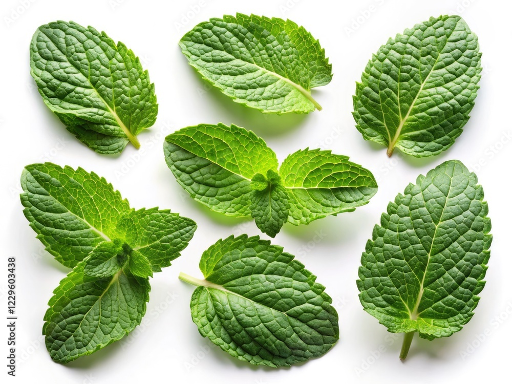 Crisp high-resolution images of fresh mint leaves, isolated on white. Ideal for culinary and herbal applications. Crisp high-resolution images of fresh mint leaves, isolated on white. Ideal for culinary and herbal applications.