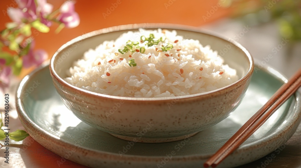 Steamed rice bowl, sesame seeds, green onions Steamed rice bowl, sesame seeds, green onions