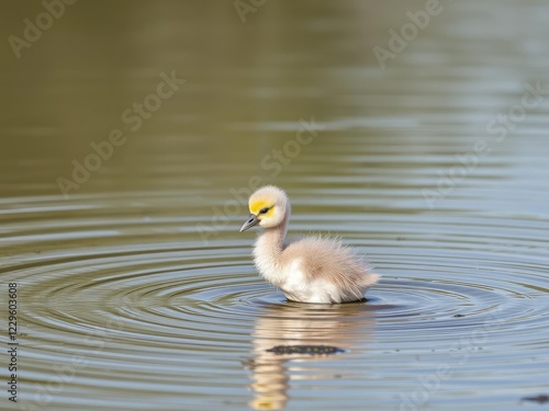 Eastern Hokkaido red crowned crane chick playing in shallow wetland waters, aquatic fun, red crowned crane, frolicking photo