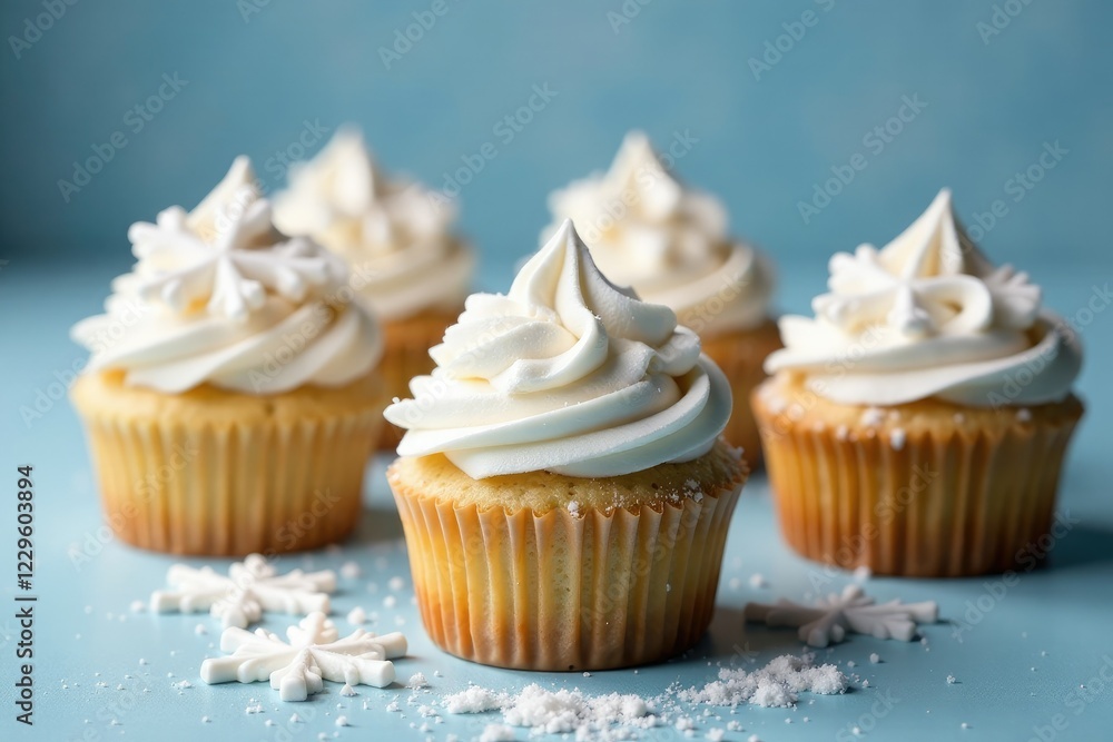 Snowflakes made from sugar on top of cupcakes, frosting, sugar Snowflakes made from sugar on top of cupcakes, frosting, sugar