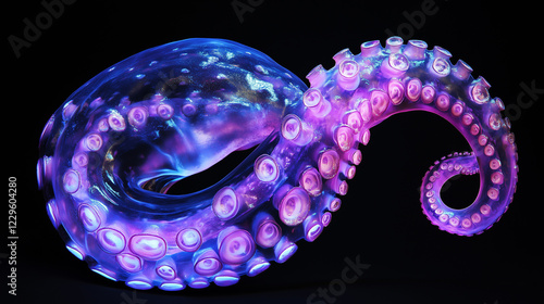 Illuminated octopus tentacle in glowing neon purple and blue colors with detailed suction cups on a black background, symbolizing marine life, concept of underwater exploration and creative advertisin photo