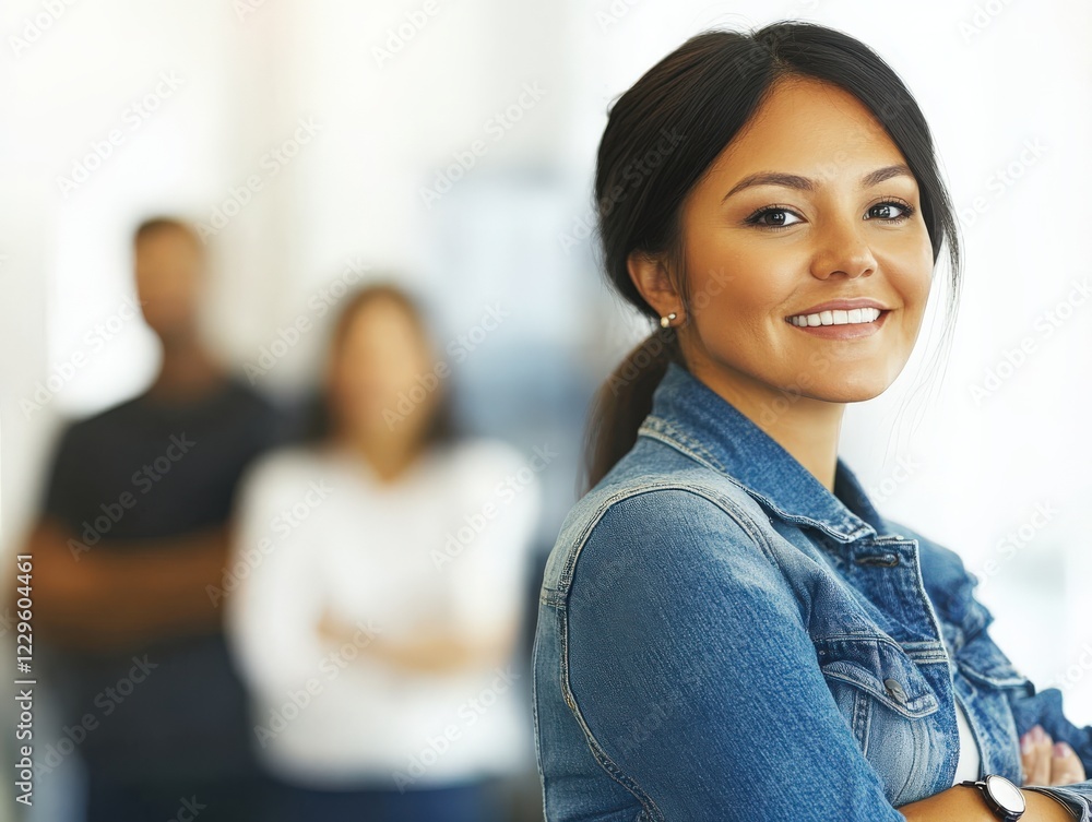 Confident woman smiling in a professional setting with colleagues in the background Confident woman smiling in a professional setting with colleagues in the background
