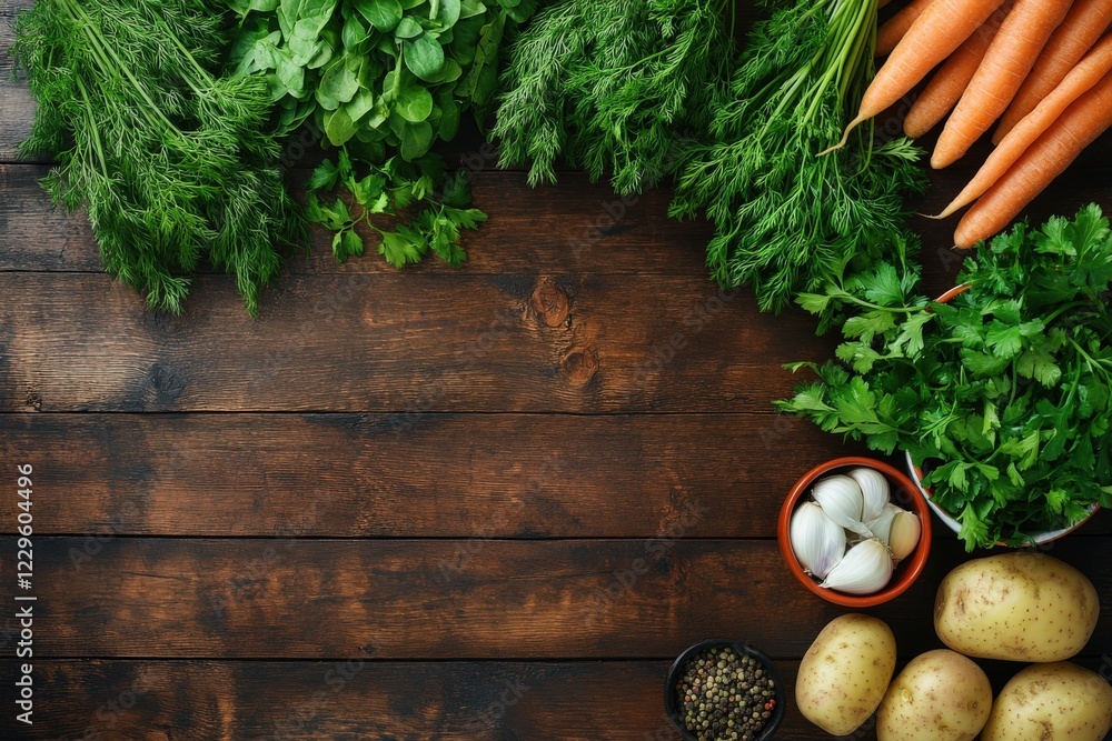 Vegetables are arranged in a circle on a wooden table Vegetables are arranged in a circle on a wooden table