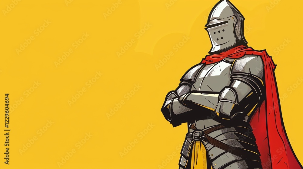 A knight in shining armor stands with arms crossed, wearing a red cape, against a yellow background. A knight in shining armor stands with arms crossed, wearing a red cape, against a yellow background.
