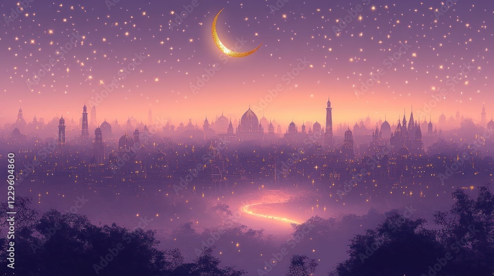 Fototapeta premium Magical city skyline under crescent moon starry night