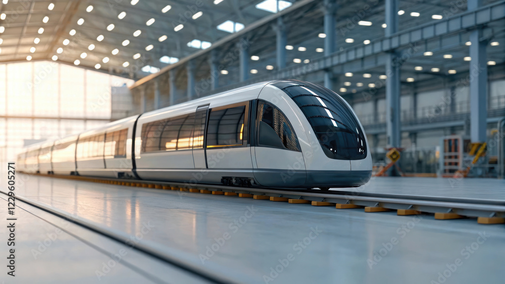 modern transportation model showcasing sleek train design in spacious industrial setting. bright interior highlights innovation and technology modern transportation model showcasing sleek train design in spacious industrial setting. bright interior highlights innovation and technology